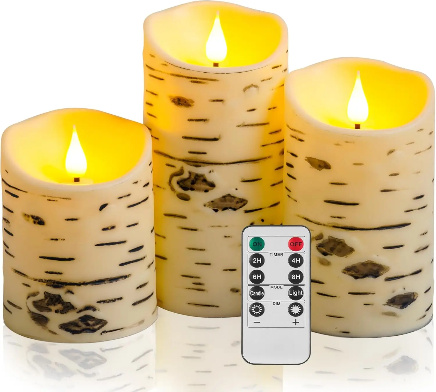 

Realistic Birch Bark LED Candles, Flickering Battery Operated, Remote & Timer, Rustic Farmhouse Decor, Gift Set of 3