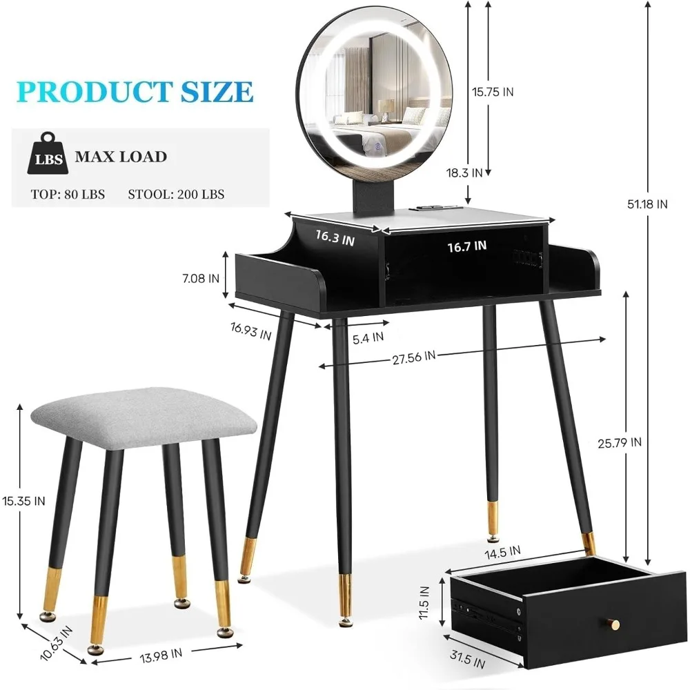 penteadeira de maquiagem iluminada com luzes ajustáveis de 3 cores e tomada de energia integrada