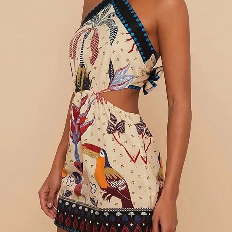 2025 elegante sem costas rendas vestido curto sexy sem mangas halter bohe mini vestido feminino moda padrão impressão magro a linha vestido