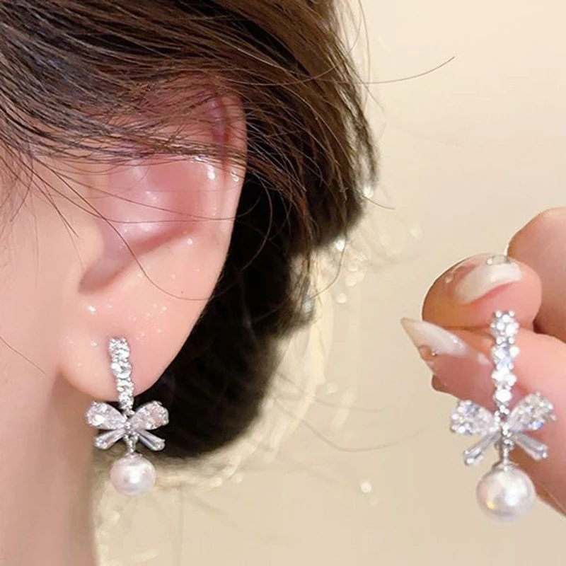 Exquisite Bow Pearl Drop Dangle Earrings For Women Bling Zircon Bowknot Stud Earrings Girl Wedding Party Sweet Jewelry