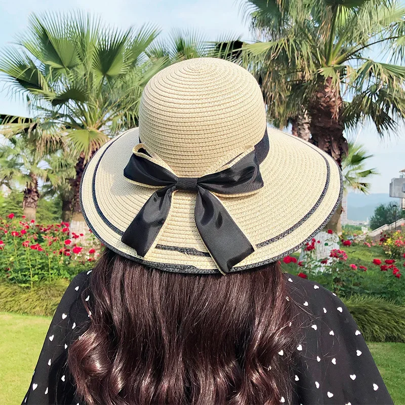 Handmade Weave Sun Hats for Women Black Ribbon Lace Up Large Brim Straw Hat Outdoor Beach Hat Summer Caps Summer Ladies Caps