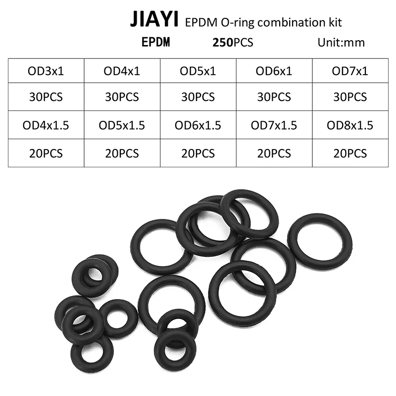 

250Pcs NBR Rubber O-Rings Set CS 1mm 1.5mm Oil-Resistant Waterproof Silicone Assortment Kit for Valve Machine Sealing Gaskets