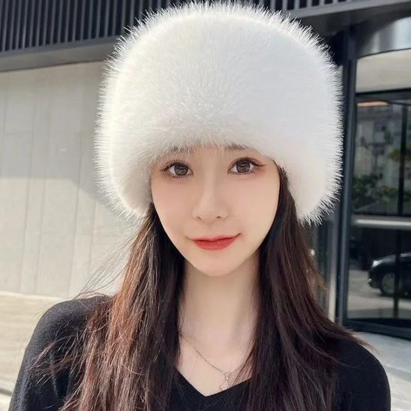 Winter Warm Plush Hats Fluffy Imitation Fur Russian Caps Thick Bucket Hat For Women Fashion Outdoor Skiing Beanies Cap