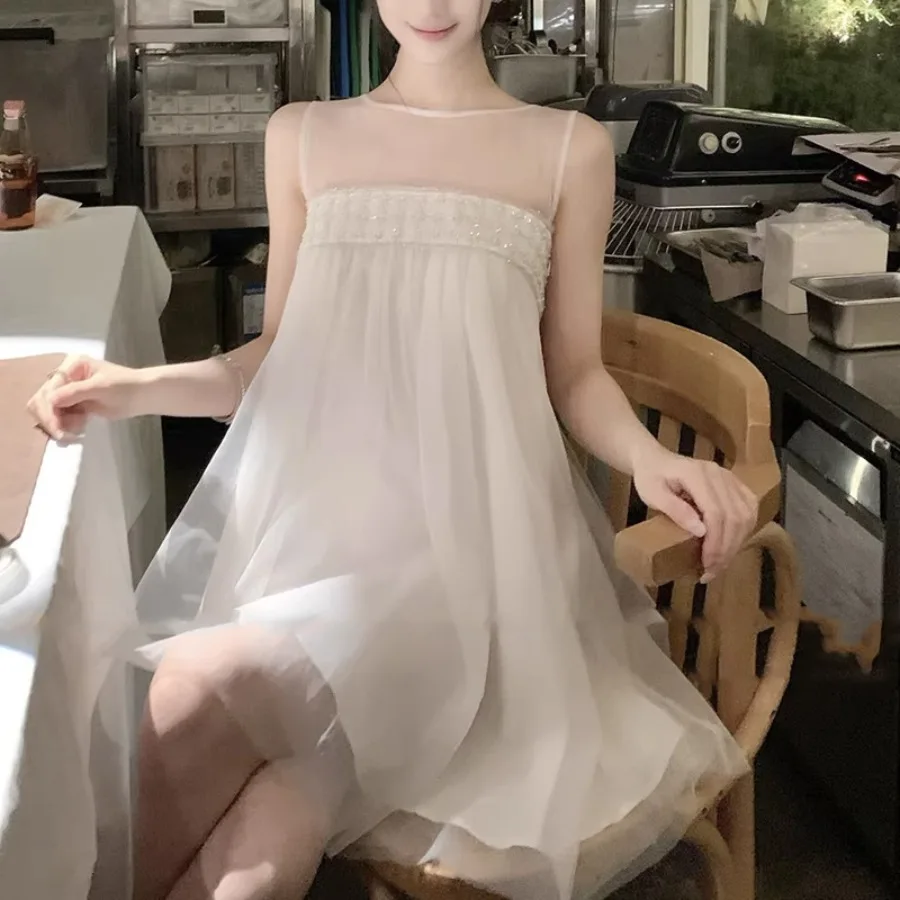 

【HOT】2026 spring and summer new style [Flower Soft Light] two-color mesh dress for women exquisite gentle temperament skirt sho