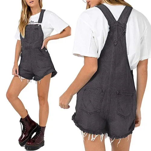 Barboteuses femmes jean Denim lavage une pièce solide Shorts poches droites décontracté ample bases épissé bouton en détresse 2025