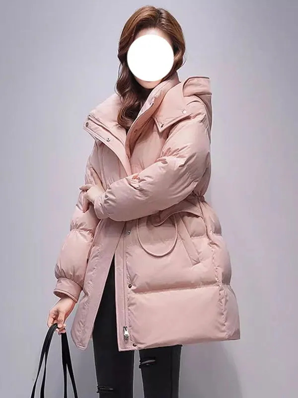 

Women's Mid-Length Cotton Jaet Loose Fit Warmth Sli Korean Version Coat with Hood Long Sve Zipper Closure Color