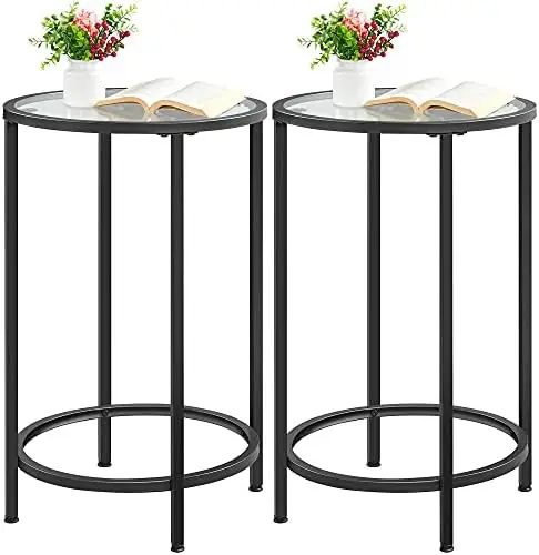 

Black Glass End Table Set of 2, Round Side Table Modern Style Tall End Table Accent Table with Glass Top & Metal Frame, 2pcs