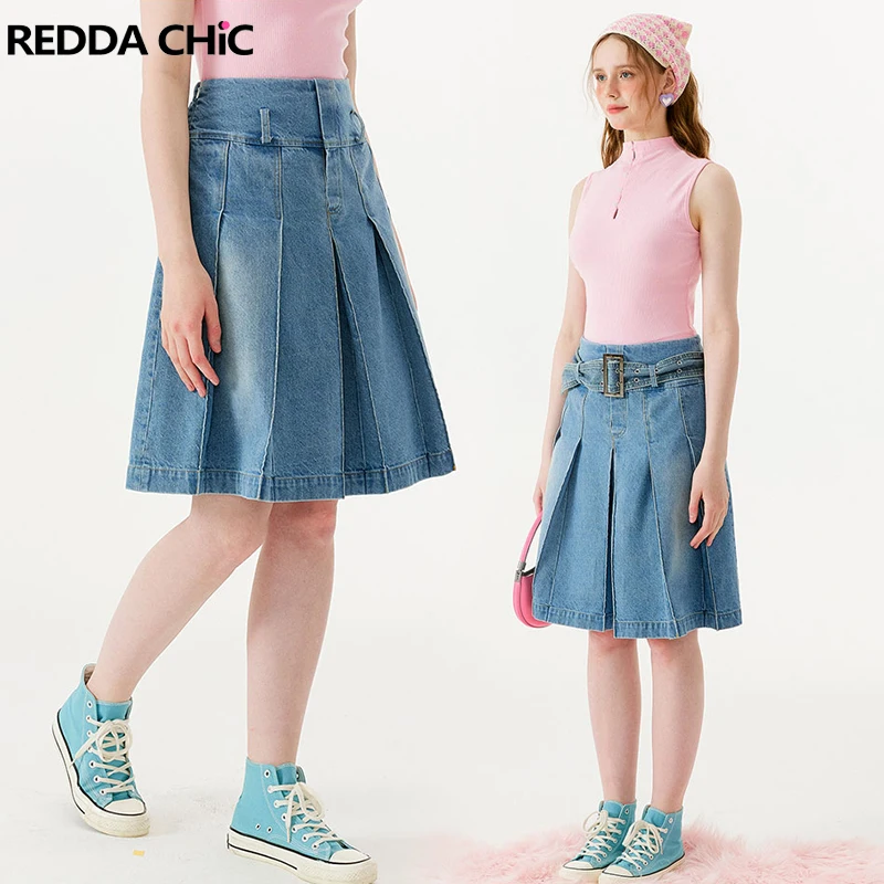 REDDACHiC Women Acubi Fashion Knee-length Denim Pleated Skirt Stylish Casual Plain Midi Long Jean Skirt Blue Vintage Y2k Clothes