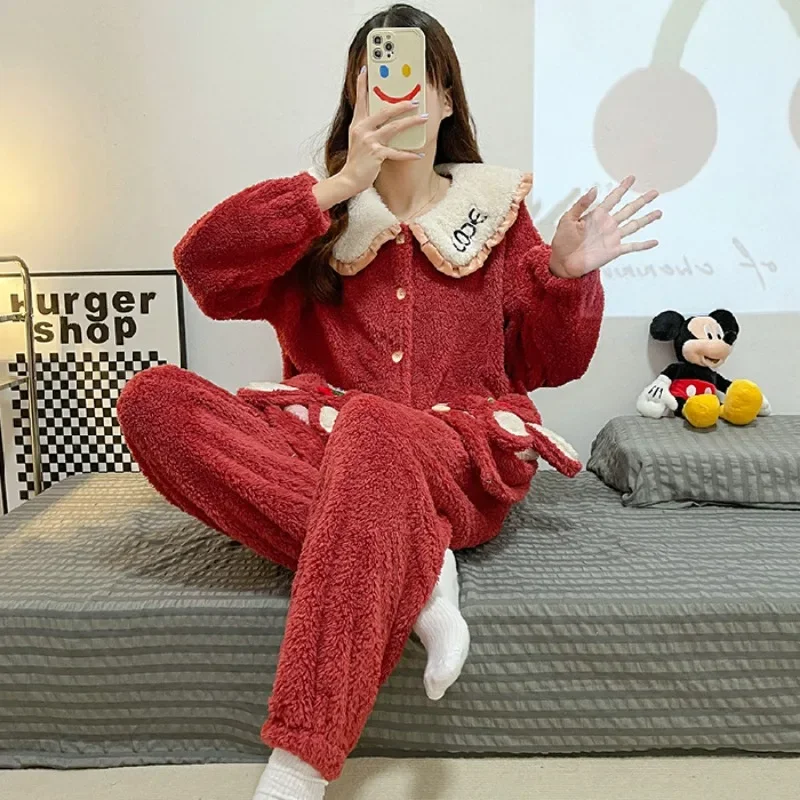 5XL Plus Size Cute Coral Velvet Pajamas Women\'s Autumn Winter Thickened Cardigan Pjs Long Sleeved Flannel Two-Piece Home Clothes