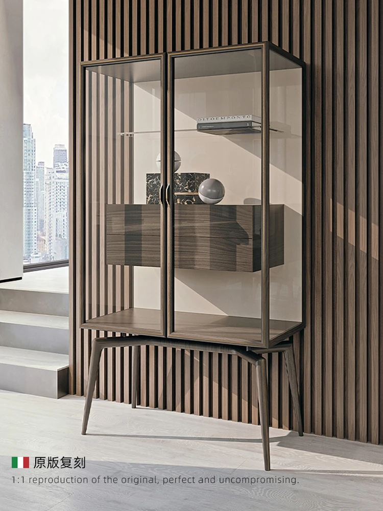 Italian designer glass door wine cabinet The living room against the wall of high-end Italian light luxury with light display ca