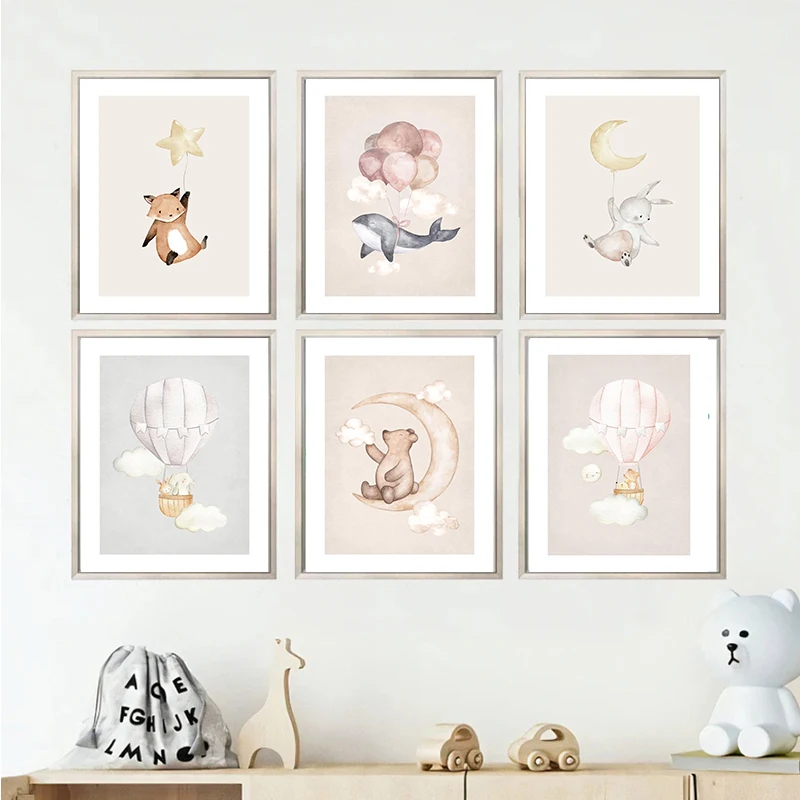 1pc frameless Canvas Painting Nursery Cartoon Cute Animals Poster Fox Rabbit with Balloon Prints Canvas Painting Wall Art Pictur