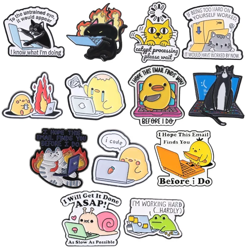 13style Programmer Office Meme Enamel Pin Cartoon Animal Working Collection Brooches Cat Snail Duck Badge Jewelry Gift