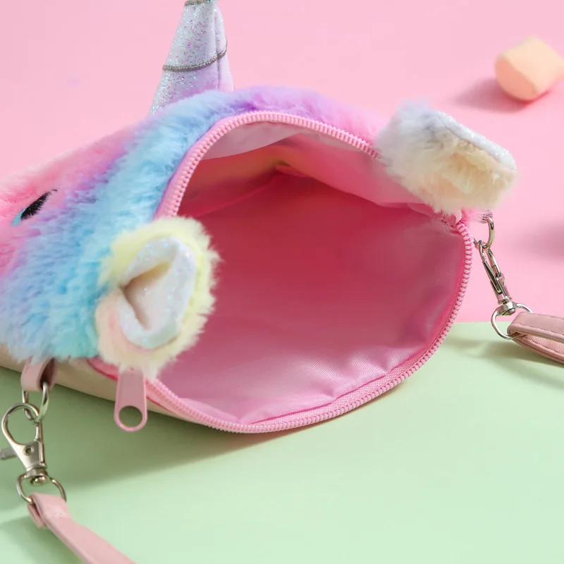 Unicorn Plush Purse Bag Girl Preppy Style Plush Crossbody Bag For Phone Square Rainbow Purse Women Handbag Children Girls Wallet