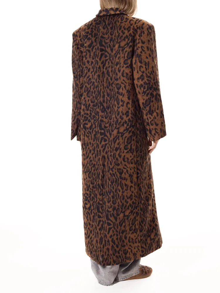 Women Fashion Leopard Print Overcoat Vintage Long Sleeve Single Breasted Lapel Long Coat 2024 Female Warm High Street Outwear