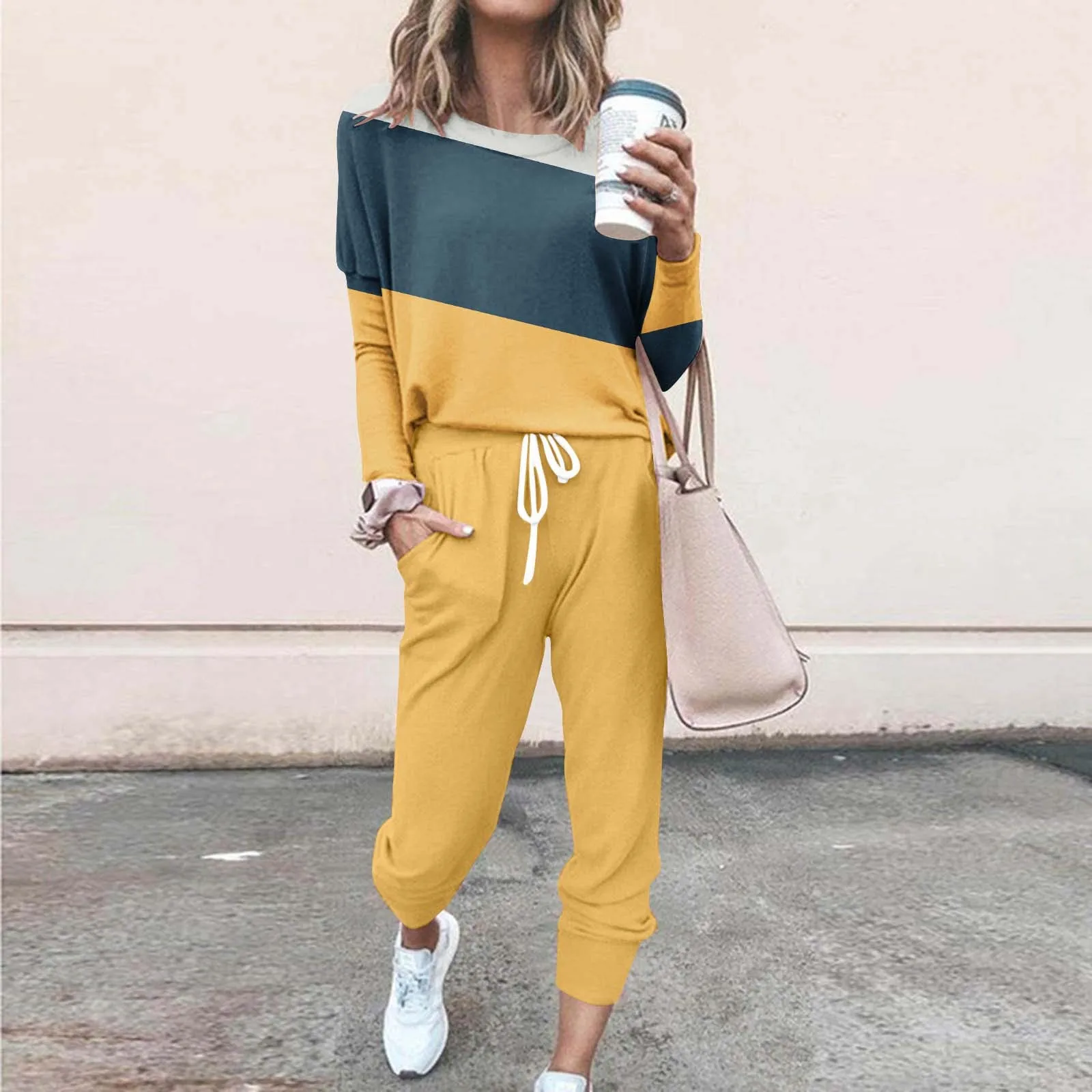 

Streetwear Y2k Sets For Women 2024 New High Waist splicing Color Round Neck Casual Loose Long Sleeve Top And Pants Sports Set