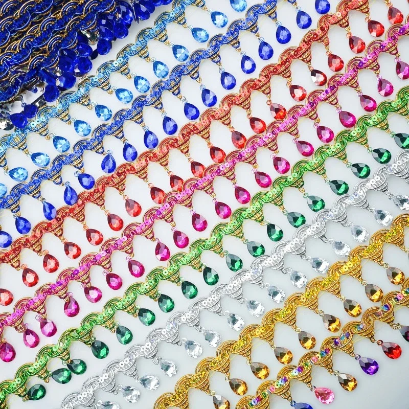 Rhinestone Fringe Tassel Lace Trim with Acrylic Gemstone Pendant Pagoda 45mm Width for Wedding Dress DIY Sewing Ethnic Accessory