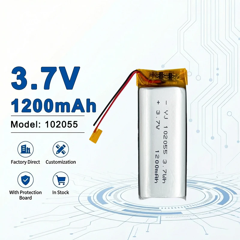 

Литий-ионный перезаряжаемый аккумулятор 102055 3.7V 1200mAh высокой плотности для небольшой электроники, дверных звонков, рекордеров 102530 102535 102540