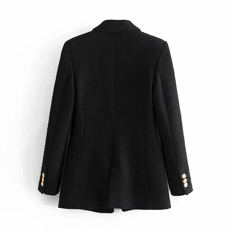 Autumn/Winter 2024 gold button tweed coat temperament black mid-length textured suit woman