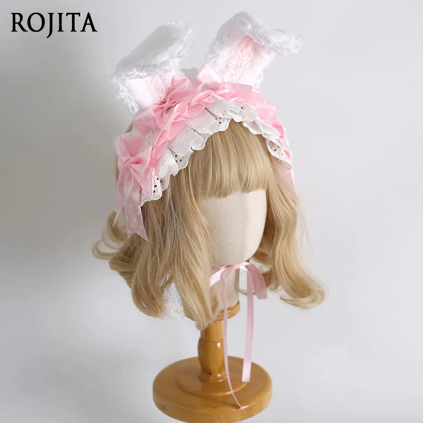 

Плюшевые белые кроличьи ушки с кружевной отделкой, японский оригинальный дизайн, разноцветные в горошек, повязка на голову с бантом в стиле Лолита, аксессуар для волос в стиле Лолита