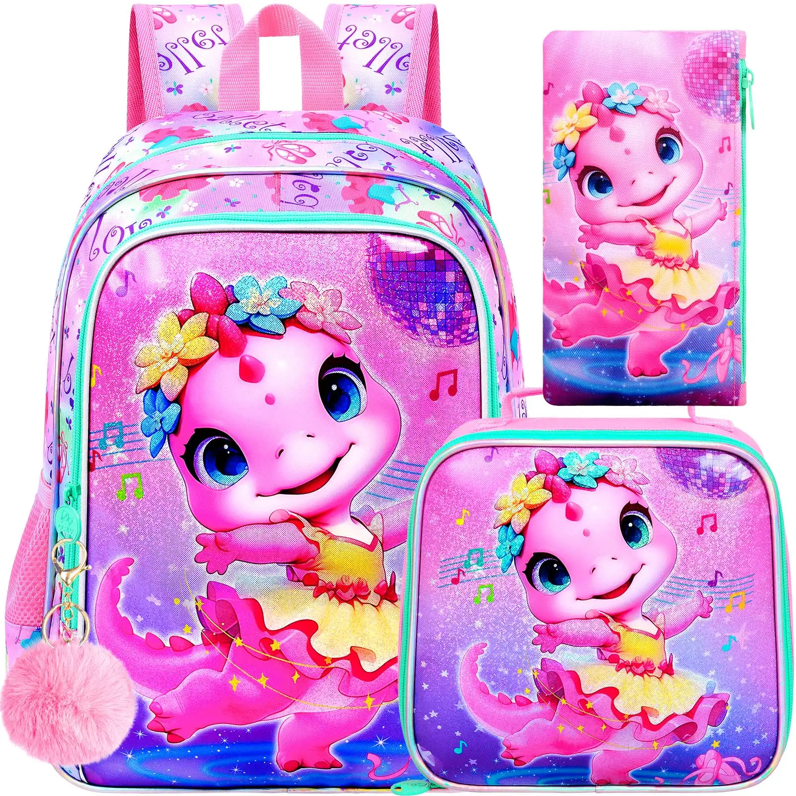 

3PCS Dinosaur Backpack for Girls, 16 Inch Kids Ballet Preschool School Backpacks with Lunch Box, Cute Ballet Water Resistant Boo