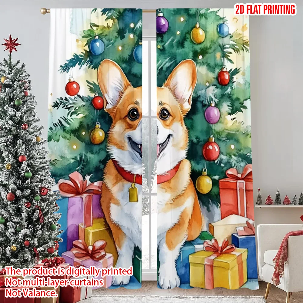 

2pcs 2D flat printing Merry Christmas Popular Party Window Curtains Christmas cute dog Durable Polyester Without Electricity