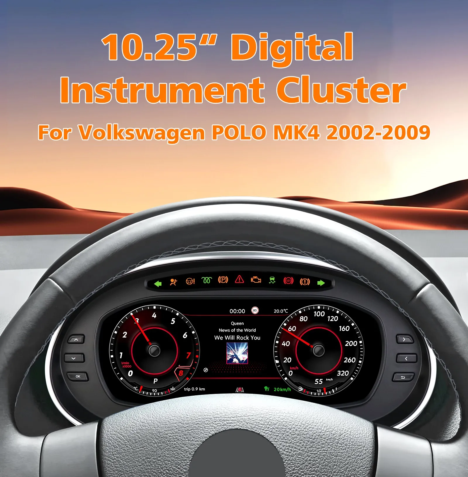 Quadro strumenti digitale da 10,25" per Volkswagen VW POLO MK4 2002-2009, Virtual Cockpit, Carplay, Auto, HDMI, Tachimetro, Temperatura, Carburante, Chilometraggio
