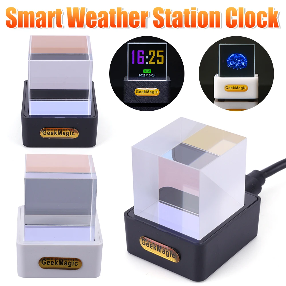 GeekMagic GIFTV Crystal Cube Photo Display Holographic Desktop Smart Weather Station Digital Clock with GIF Animations Album