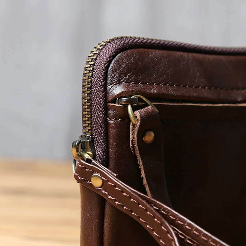 Vintage Genuine Leather Wallet for Men and Women, Head Layer Cowhide, Leisure Mobile Phone Bag, Bank Card Zipper, Wrist Wrap
