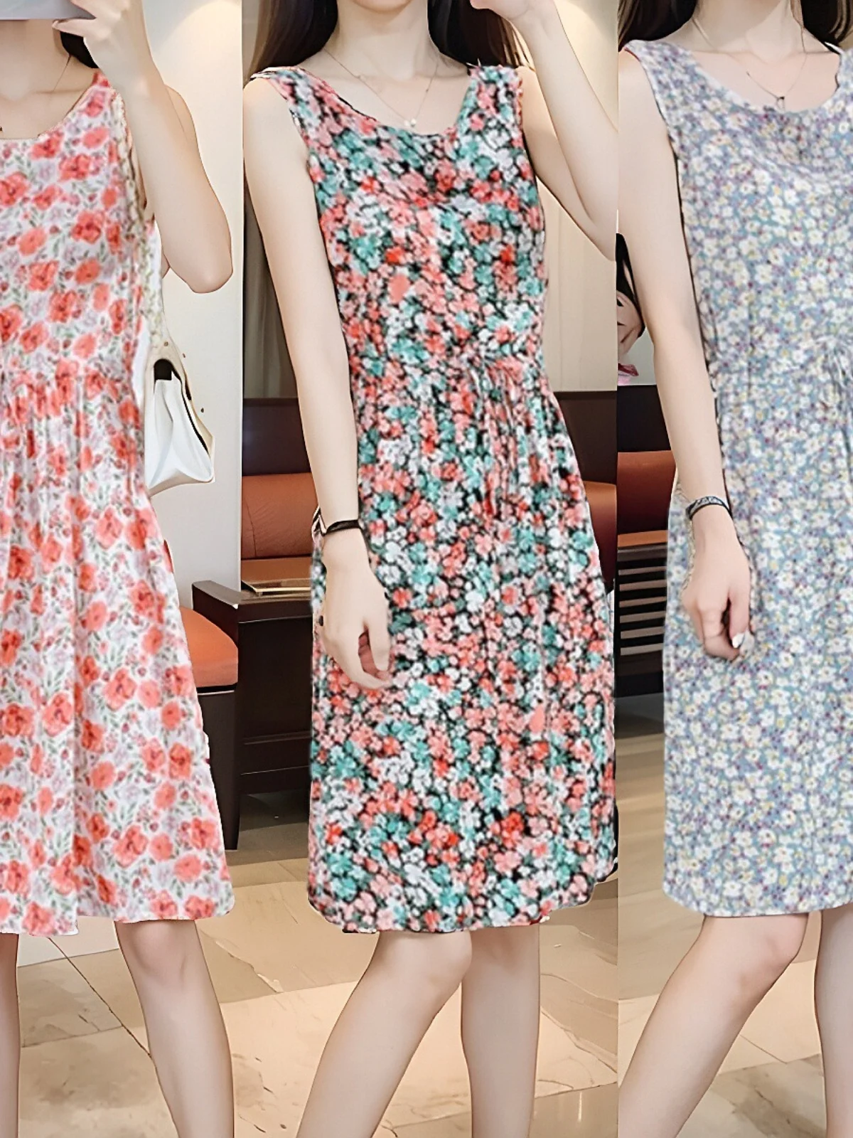 夏のファッション ハイウエスト コットンシルクワンピース レディース アウター ショート丈 花柄ベストワンピース ボヘミアンスタイル Aラインスカート