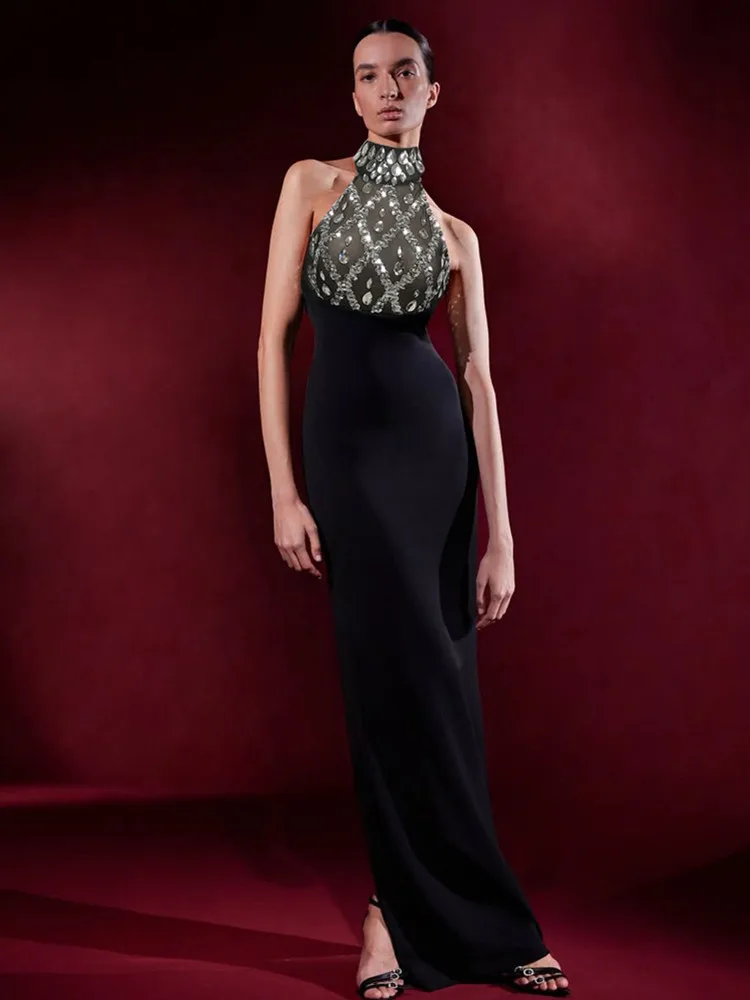 Vrouwen sexy halter kralen zwarte maxi lange zomer bodycon bandagejurk 2025, elegante avondclub feestjurk