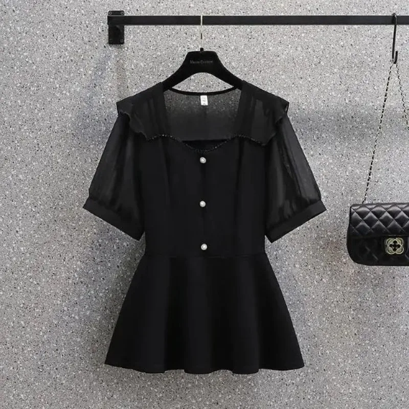 Women's Spring Autumn New Korean Commute Solid Color Square Neck Chiffon Spliced Versatile Gauze Long Sleeve Loose Pullover Tops