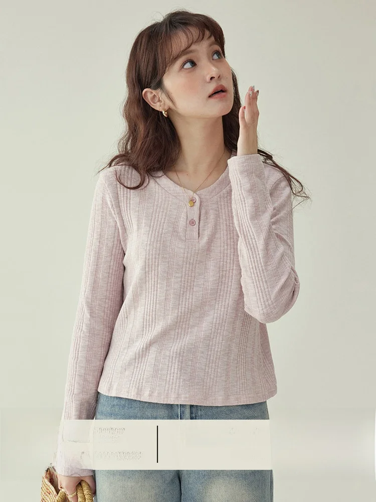 

AMUU Original Pink Small V-Neck Long Sleeve Short T-Shirt Women's Inner Wear Spring New Style Versatile Casual Top