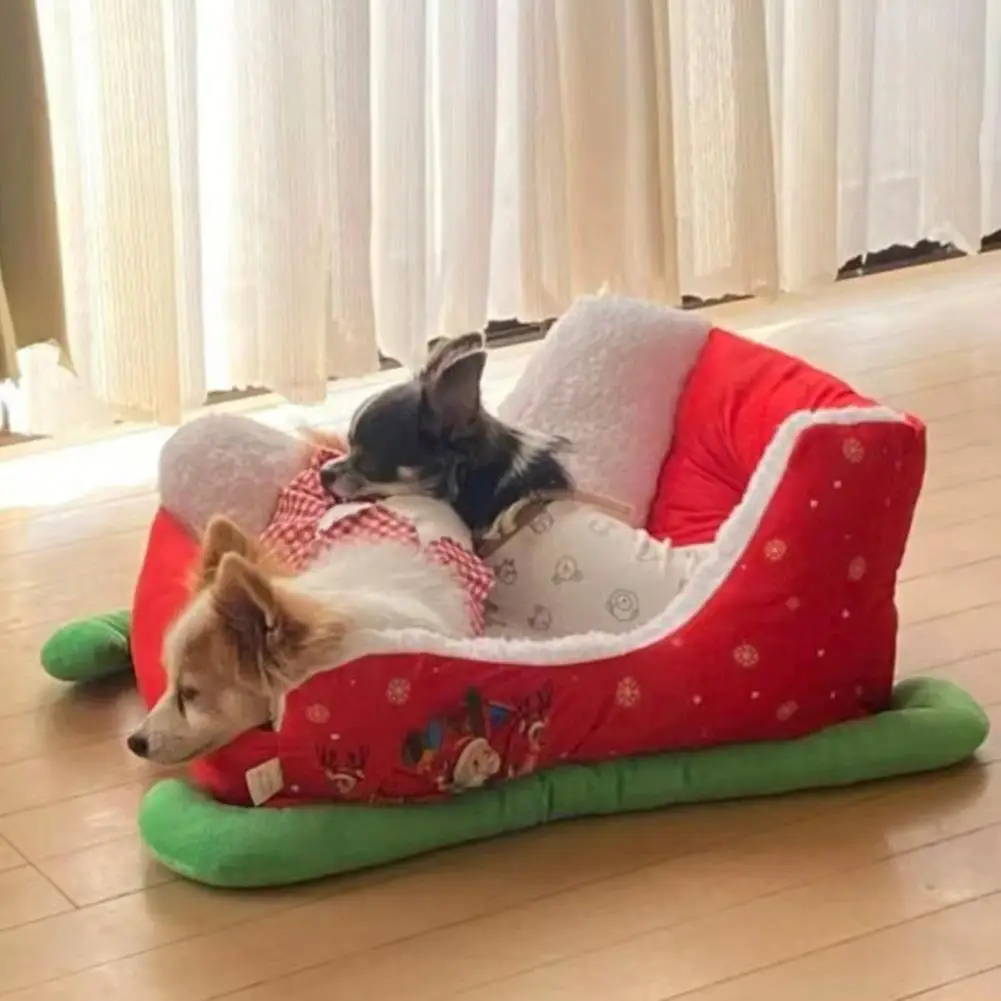 Christmas Dog Bed Red Christmas Sleigh Pet Bed Plush Dog Sofa Bed Washable Cats Nest Holiday Themed Pet Nest Pet Accessories