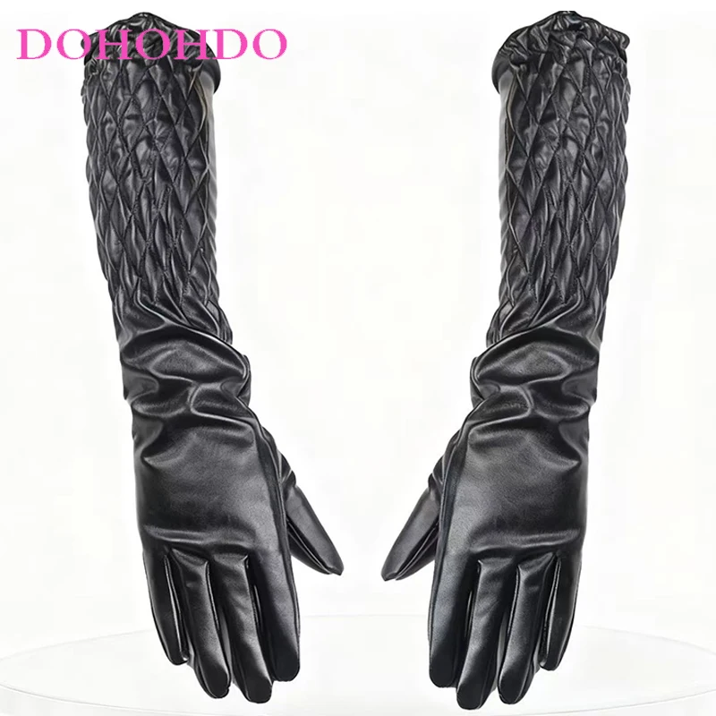 

Extended 50CM Touch-screen Leather Gloves Women's Autumn Winter Leather Shrink Design Warm PU Black Gloves Guantes Para Motos