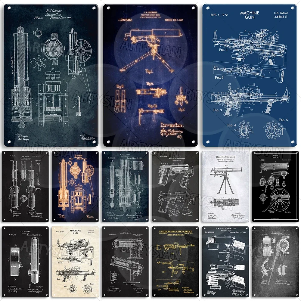 Machine Gun Patent Metal Sign Automatic Weapon Gatling gun Technical Drawing Plaque Johnston M240 Browning Bailey Garland Ripley