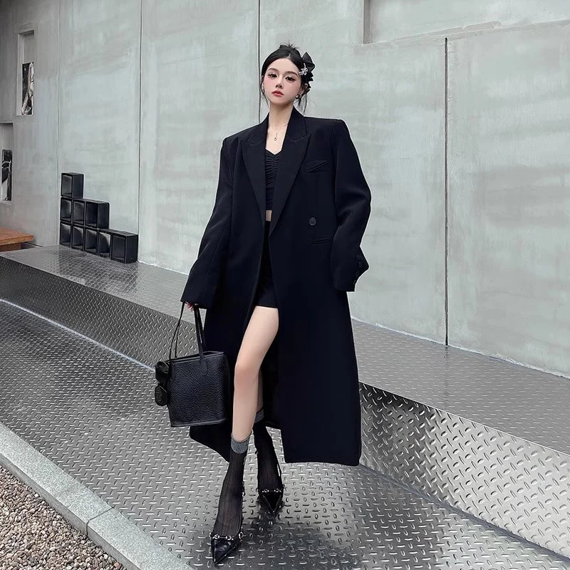 Shoulder Padded Long Suit Jacket for Women Autumn Winter Thick Magazine Model High-end Explosive Street Cross Knee Suit Coat WLF