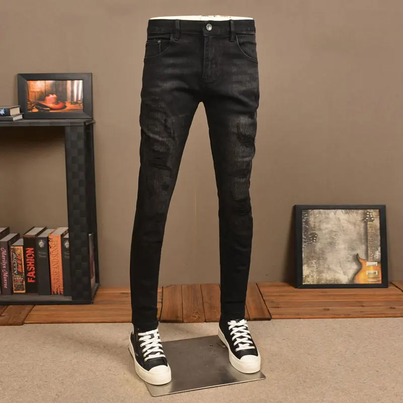 Nieuw Designer Fashion Heren Jeans Zwart Stretch Skinny Fit Gescheurde Jeans Heren Vintage Casual Denim Potlood Broek Hombre