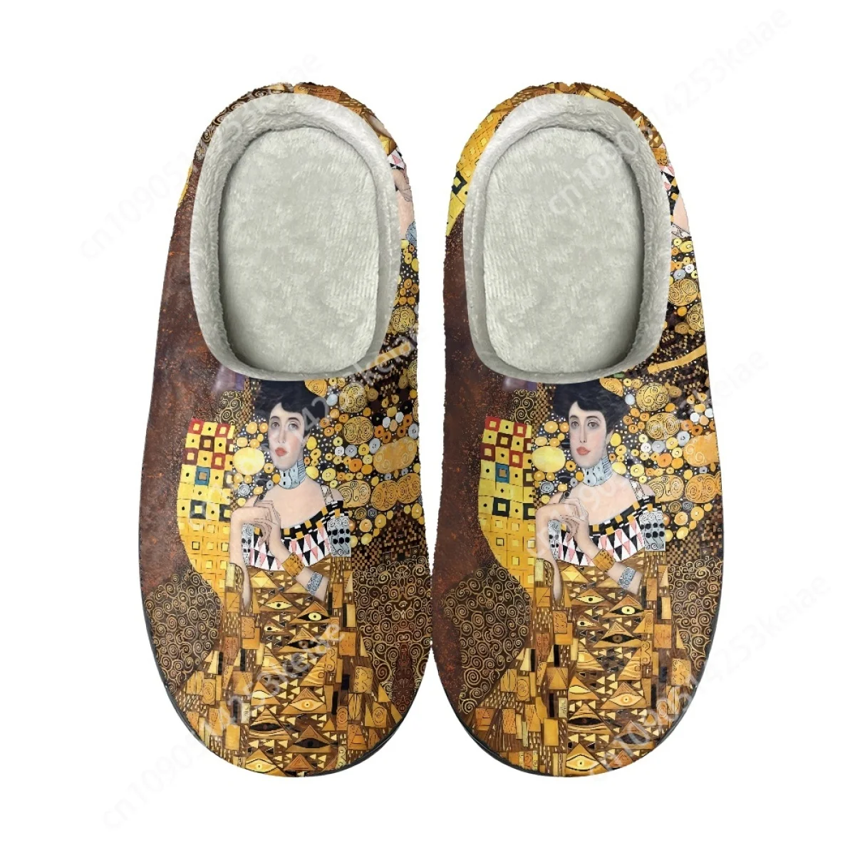 

Flannel Cotton Slippers Oil Painting Kiss Gustav Klimt Winter Warm Round Toe Fuzzy Shoes Indoor Anti-slip Sandals Women 2023 New