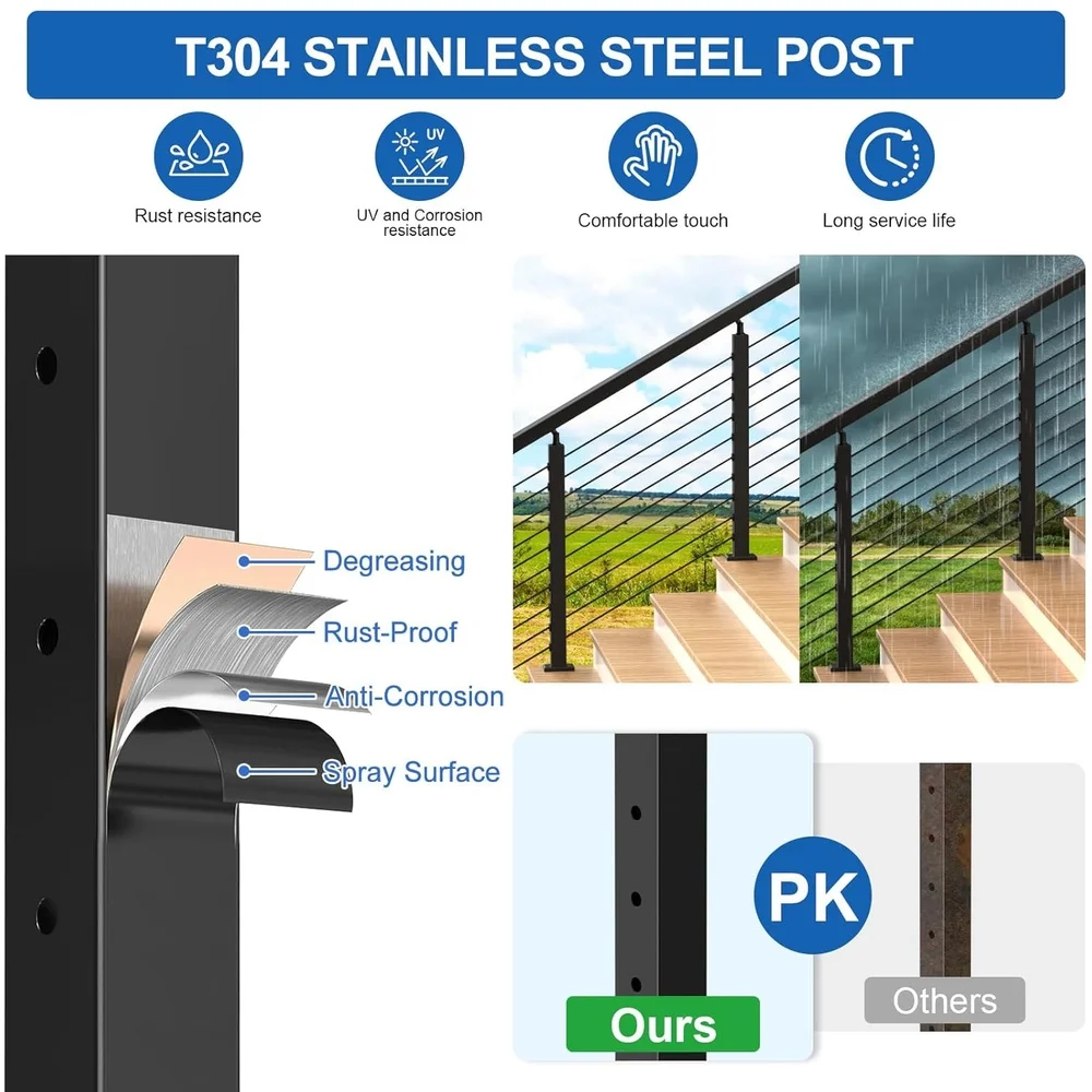 Adjustable Stair Cable Railing Post Kit Stainless Steel Complete Set 4 Pack DIY Installation 35 Angle Compliance Easy Assembly
