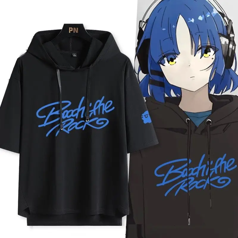 أنيمي بوتشي ذا روك! يامادا ريو تي شيرت بقلنسوة مطبوع عليه حروف صيفية بأكمام قصيرة تي شيرت للرجال والنساء ملابس كاجوال