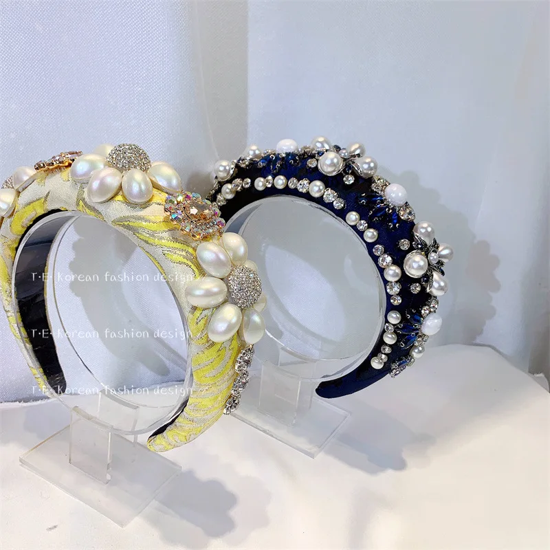 European and American Fashion Baroque Luxury Pearl Inlaid Wide Sponge Headband for Women