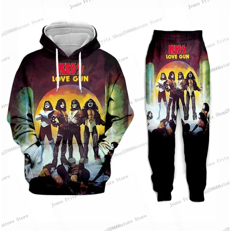 KISS Rock Band 2 ชิ้นชุด 3d พิมพ์ Hoodie กางเกงชุดแฟชั่นชายชุด Hip Hop Casual Hoodies กางเกงวิ่ง 2 ชิ้นชุด