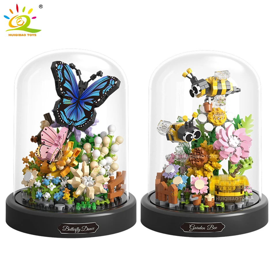 

HUIQIBAO Ideas Flower Box Bee Butterfly Mirco Building Blocks MOC Insect Mini Bricks City Construction Creation Toy for Children