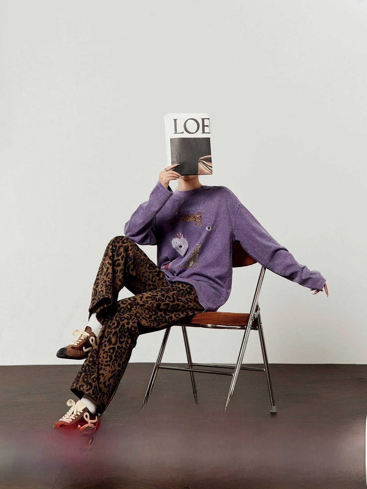 

Waed Loose Long Sve Purple T-irt Women's Casual Sle Comfortable Cotton round Ne Print Design Autumn New Arrival