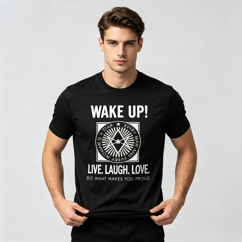 Vintage Mysterious Style Men’s Modal T‑Shirt Round Neck Wake Up Slogan Graphic Print Live Laugh Love Text Art Short Sleeve Daily