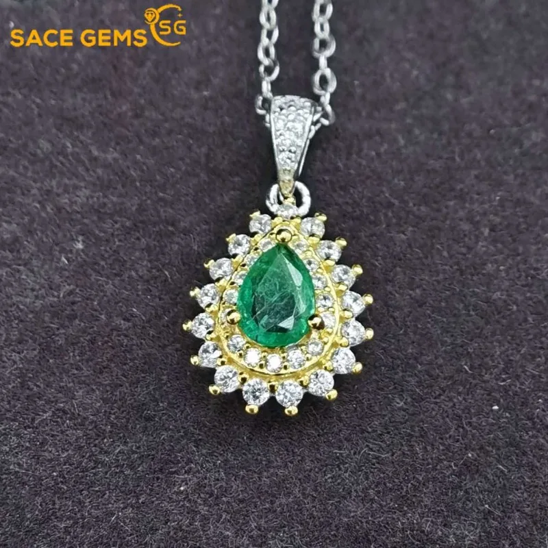 SACE GEMS New 925 Sterling Silver 4*6mm Natual Emerald Pendant Necklace for Women Engagement Cocktail Party Fine Jewelry Gift