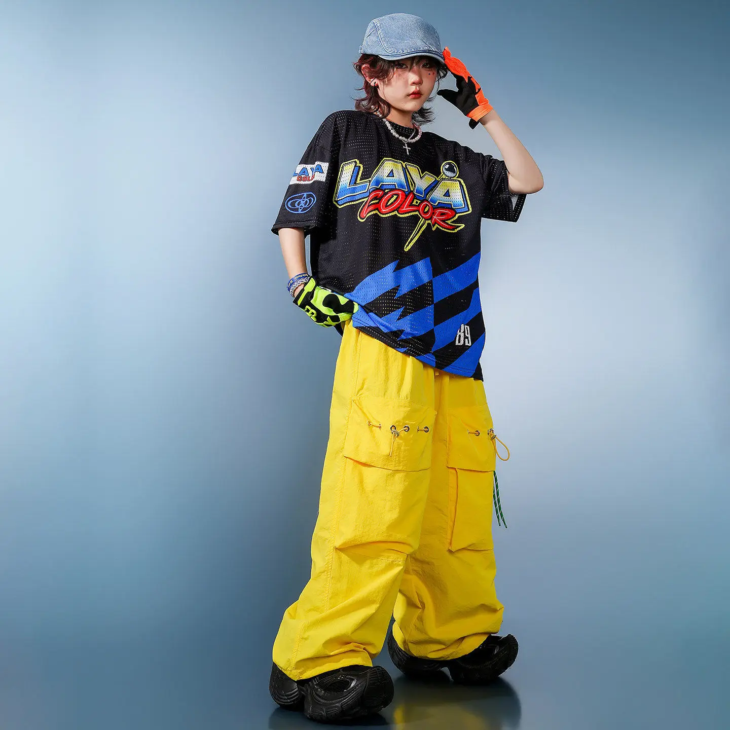

Kid Kpop Hip Hop Clothing Black Print Mesh T Shirt Top Yellow Casual Wide Cargo Pants for Girl Boy Street Dance Costumes Clothes