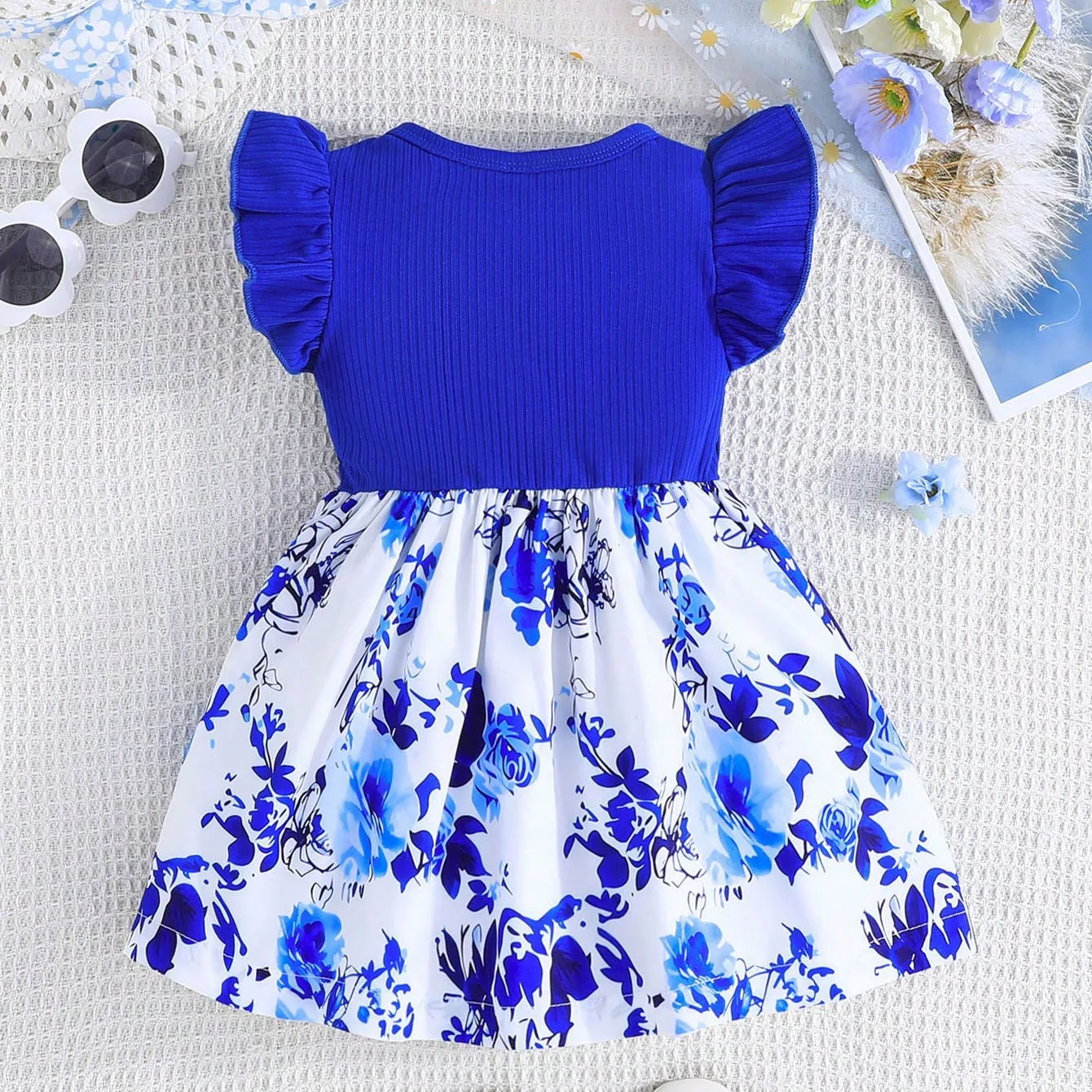 Summer New Baby Girl Dress Small Flying Sleeve Pleated Bow Ribbon Blue and White Porcelain Elements Chinese Style Birthday Party