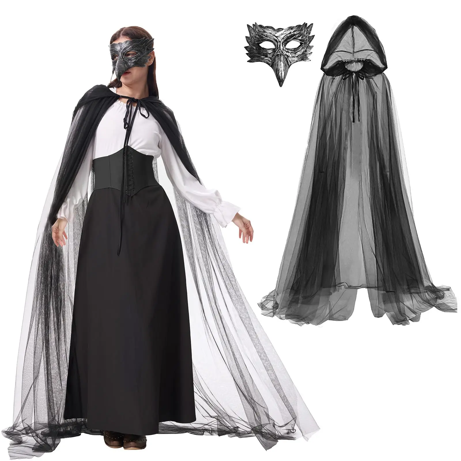 

Halloween Crow Costume Gothic Black Cloak with Bird Mask Women Raven Costume Tulle Cape for Mardi Gras Day Party Cosplay