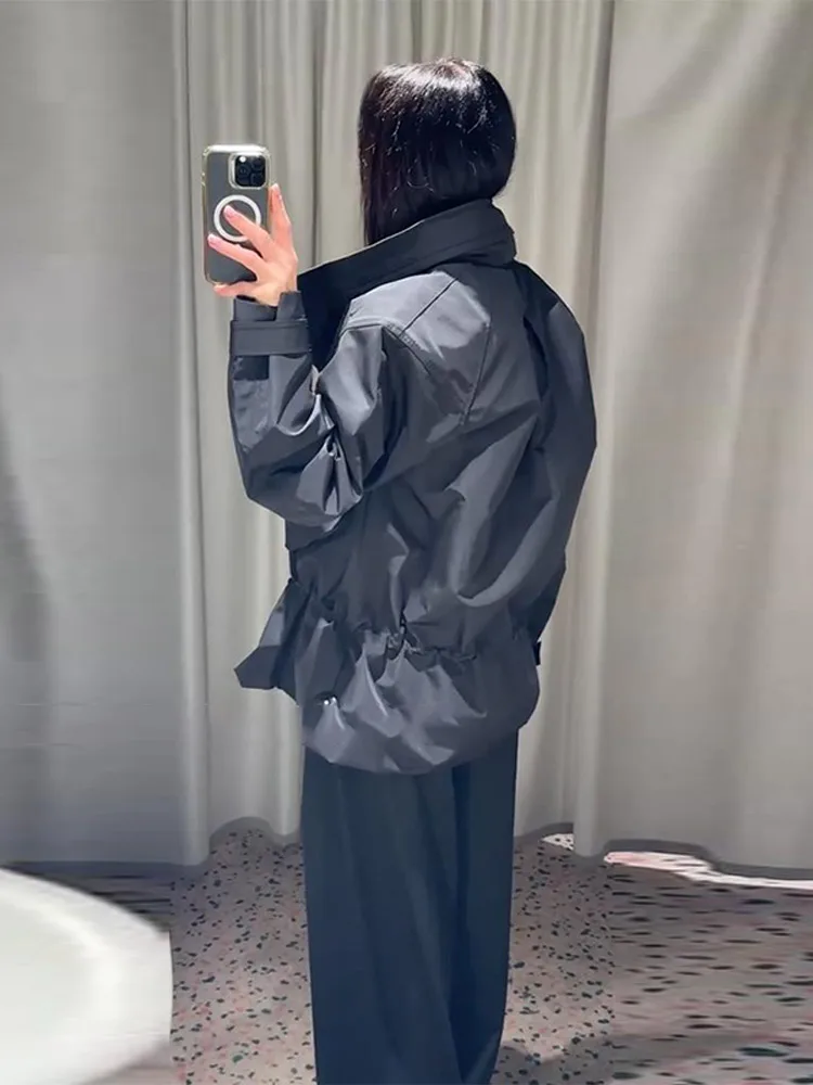 Stehkragen Langarm Oversize-Jacken für Damen Streetwear Große Taschen Kordelzug Taillenschnürung Schlanke Mäntel Frühling Damen-Oberbekleidung – Detail 22